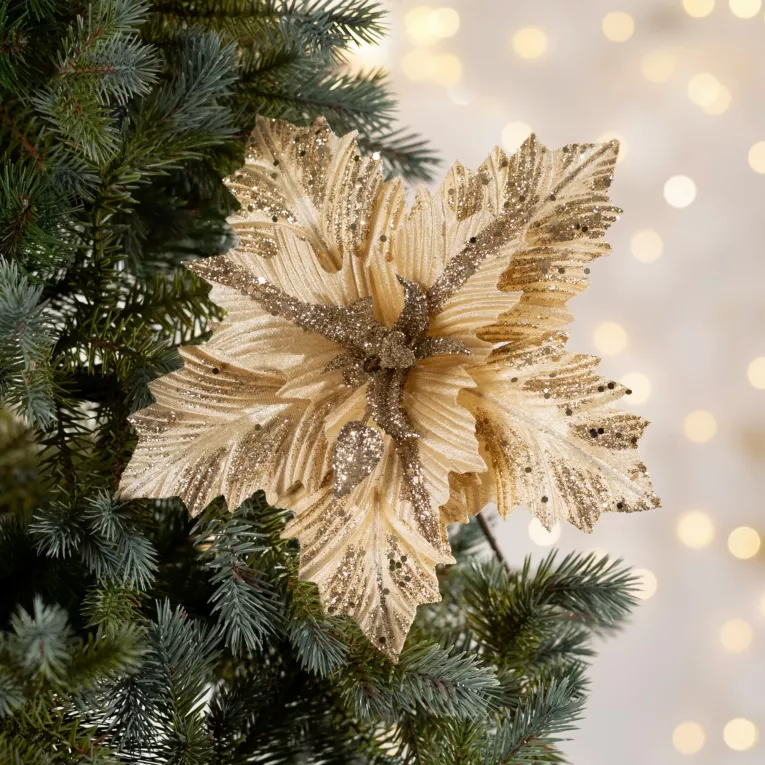 Świąteczny kwiat dekoracyjny z welwetowej tkaniny i dodatkiem lśniących drobinek