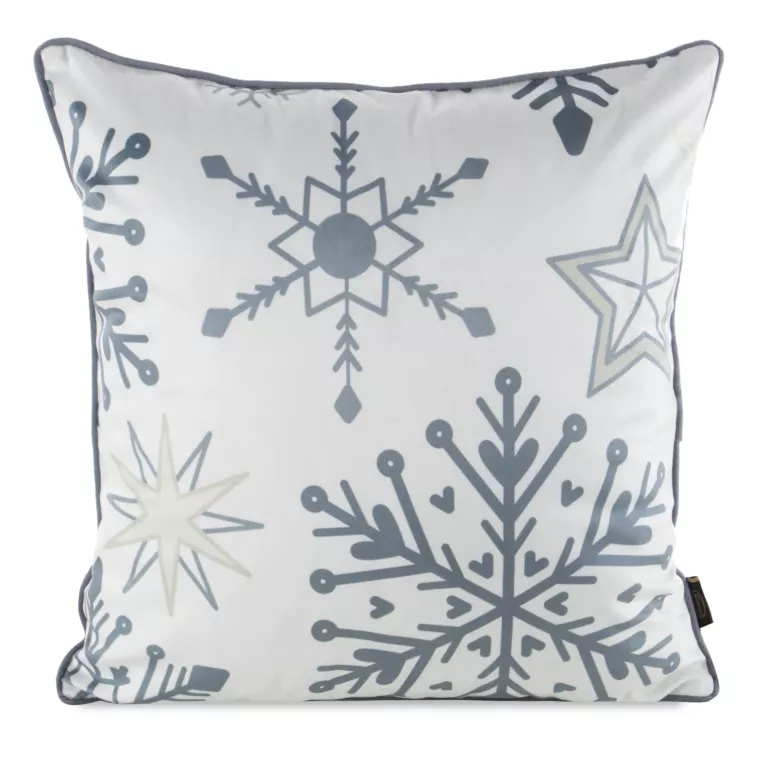 Poszewka na poduszkę świąteczna 45x45 cm biało, stalowa  zdobiona nadrukiem śnieżynek  i elegancką wypustką