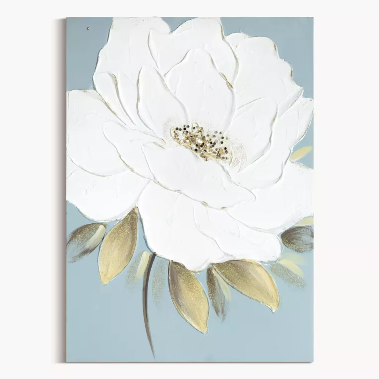 Obraz kremowy, jasnoniebieski ręcznie malowany z motywem roślinnym 50x70 cm