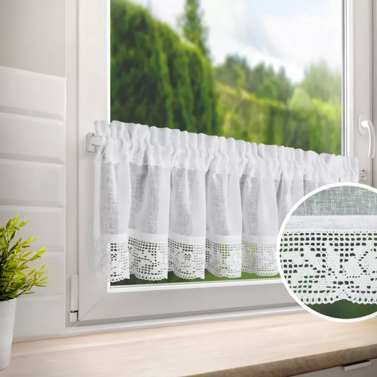 Zazdrostka biała z etaminy zdobiona koronką 150x30 cm tunel LARI