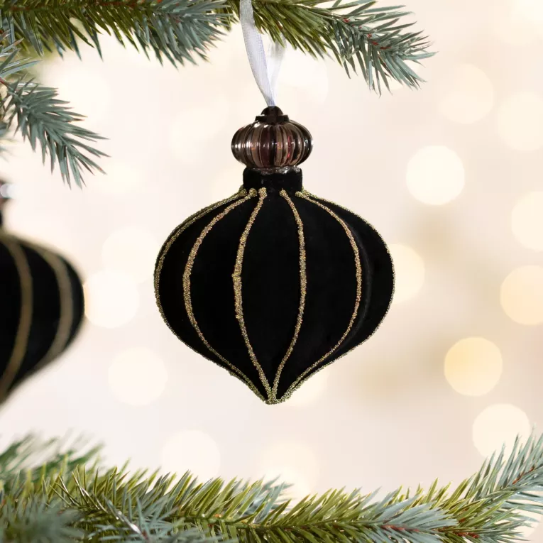 Bombka szklana zdobiona lśniącymi złotymi akcentami ze szklaną zawieszką