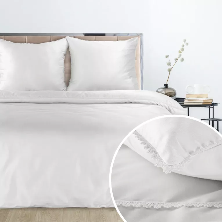 Pościel 160x200 cm komplet 3 częściowy z mieszanki włókien kolor biały zdobiona pasem koronki LINDA z kolekcji Nova Style