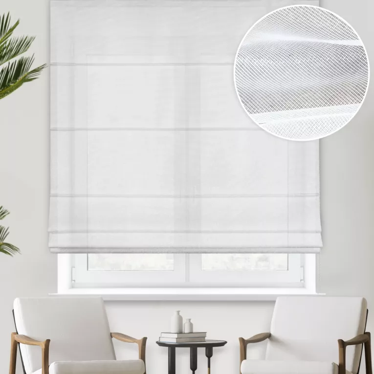 Roleta rzymska BETTINA biała z połyskliwej tkaniny PERU, wykończona obciążnikiem