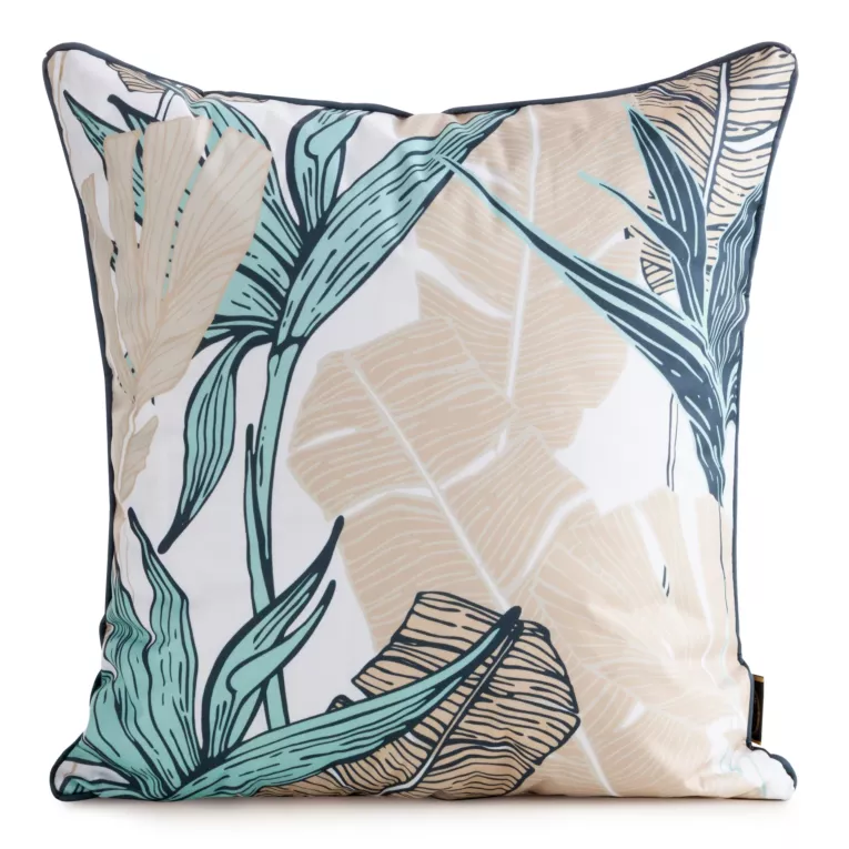 Poszewka na poduszkę 45x45 cm z tkaniny wodoodpornej turkusowo, beżowa idealna na taras oraz balkon z motywem liści bananowca GARDEN