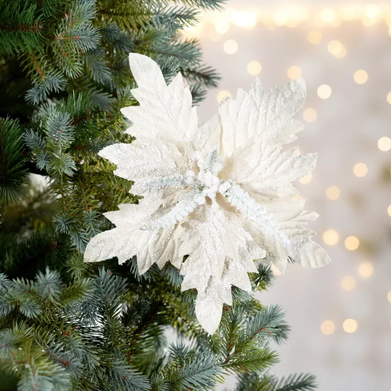 Świąteczny kwiat dekoracyjny z matowej tkaniny z efektem szronu