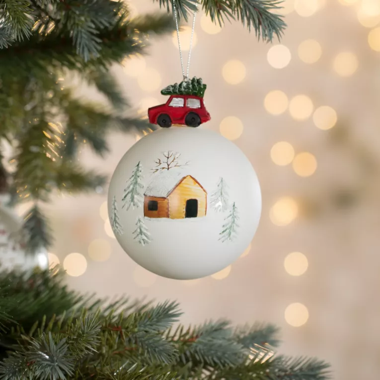 Szklana bombka choinkowa ręcznie zdobiona z szklaną zawieszka w formie autka