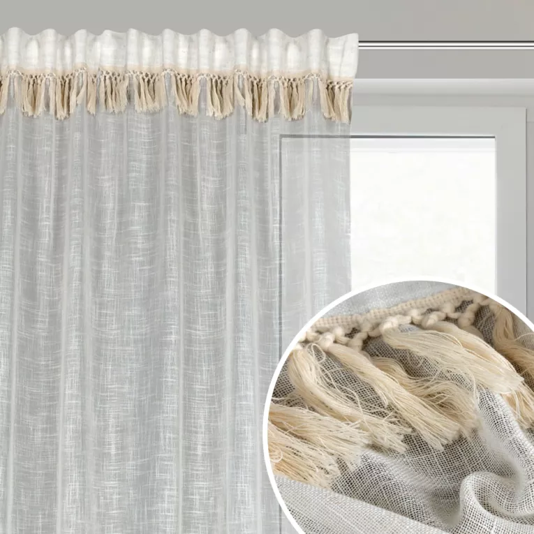 Zasłona naturalna z dodatkiem lnu w stylu boho 140x270 cm taśma/szelki - ALANIA