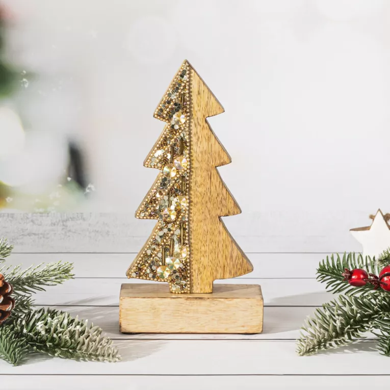 Figurka drewniana CHOINKA w połowie zdobiona koralikami i  lśniącym brokatem