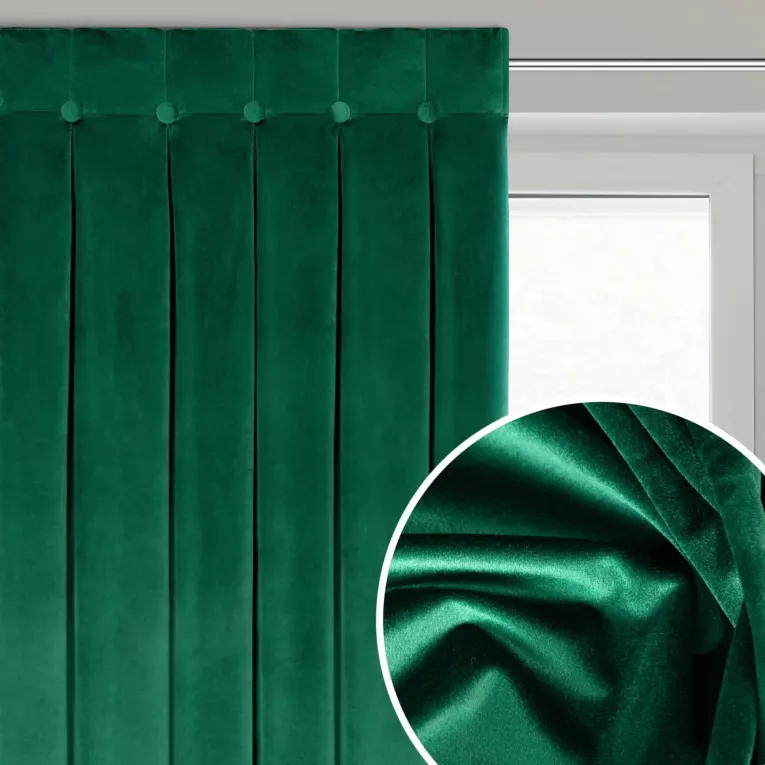Zasłona ciemnozielona z welwetowej tkaniny zdobiona głębokimi fałdami i guzikami 85x250 cm (wymiar podany na gotowo) szelki - ALITA