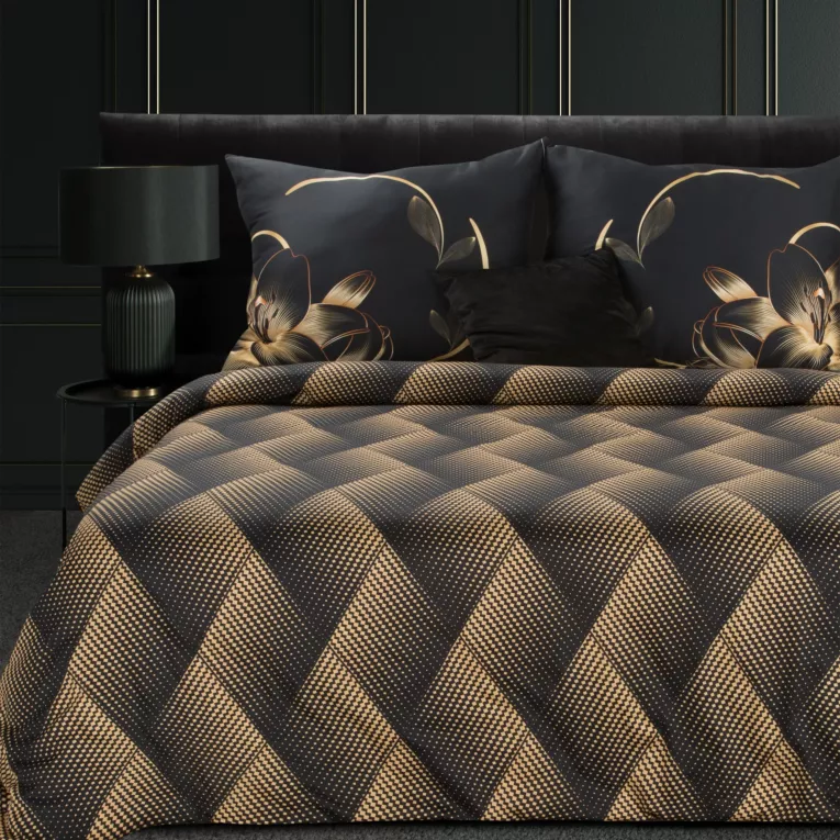 Pościel 220x200 cm z makosatyny bawełnianej kolor czarny, złoty z geometrycznym wzorem VICTORIA 12 Limited Collection