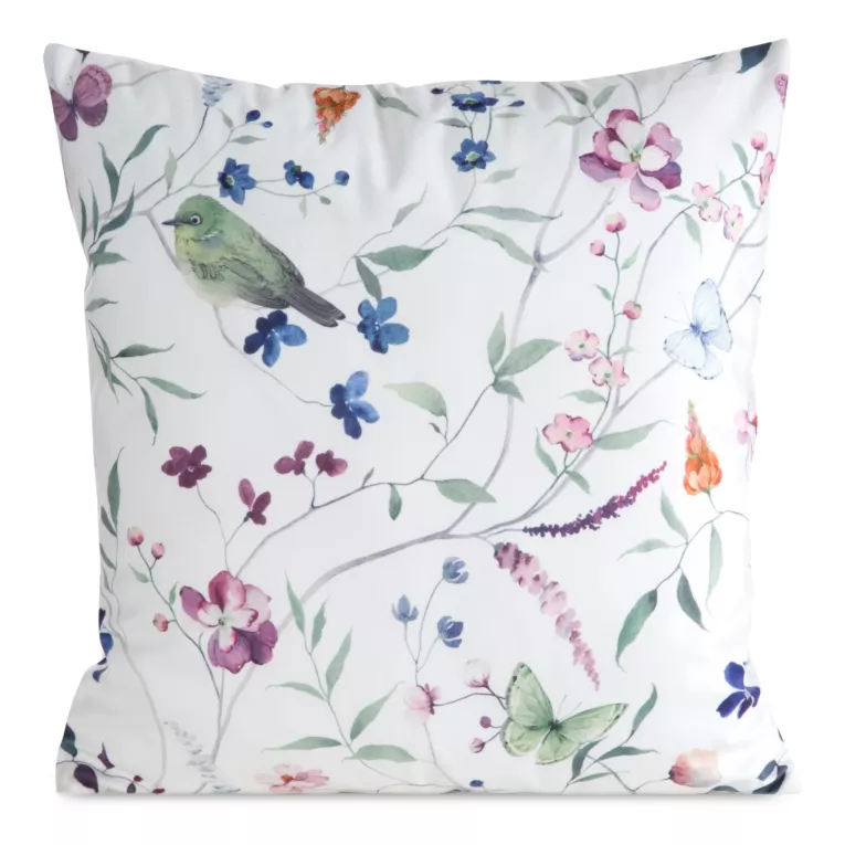 Poszewka na poduszkę 45x45 cm welwetowa biało, zielona zdobiona nadrukiem letnich kwiatów MINK