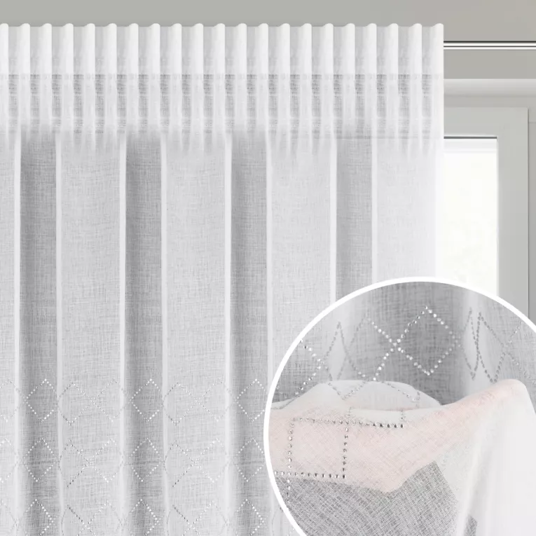 Firana biała z delikatnej etaminy zdobiona błyszczącym pasem kryształków 345x260 cm taśma KLOE