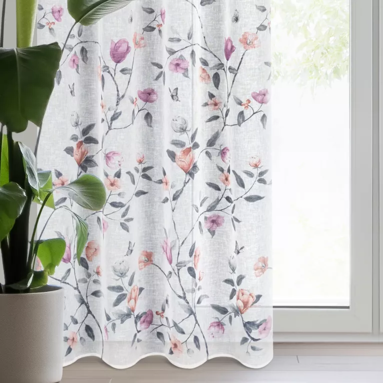Zasłona biało, różowa z nadrukiem kwiatów z etaminy 140x250 cm przelotka - ANTEA