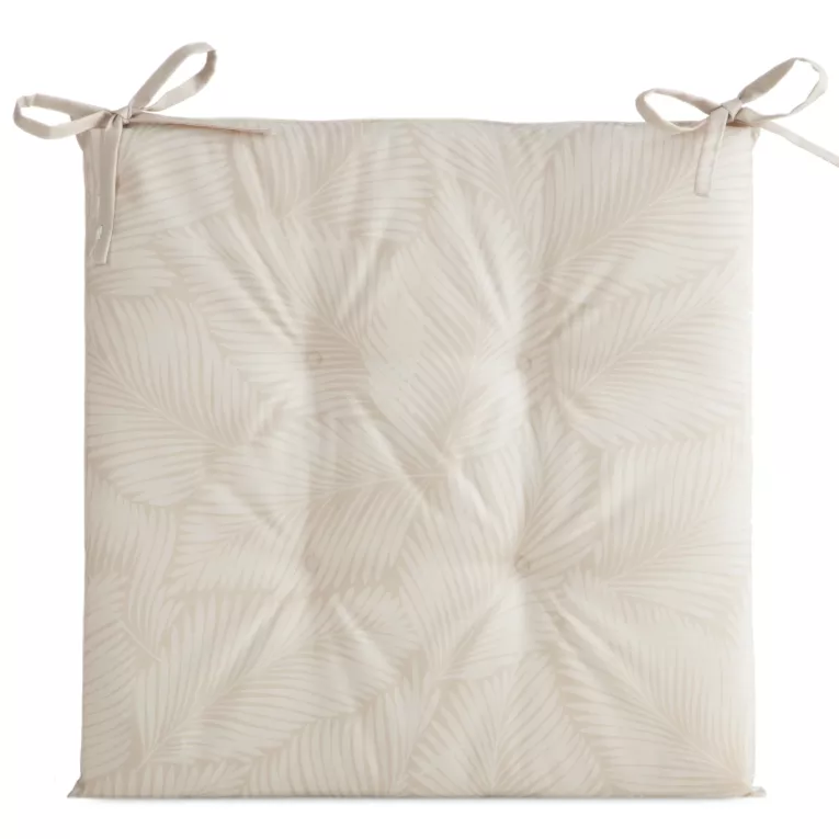 Poduszka na krzesło 43 x 43 cm  wodoodporna beżowo, biała zdobione motywem palmowych liści  GARDEN