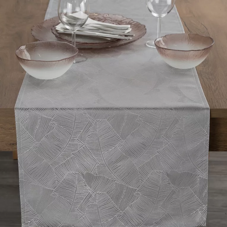Bieżnik na stół srebrno, biały 40x140 cm ISLA z żakardowym wzorem liści bananowca