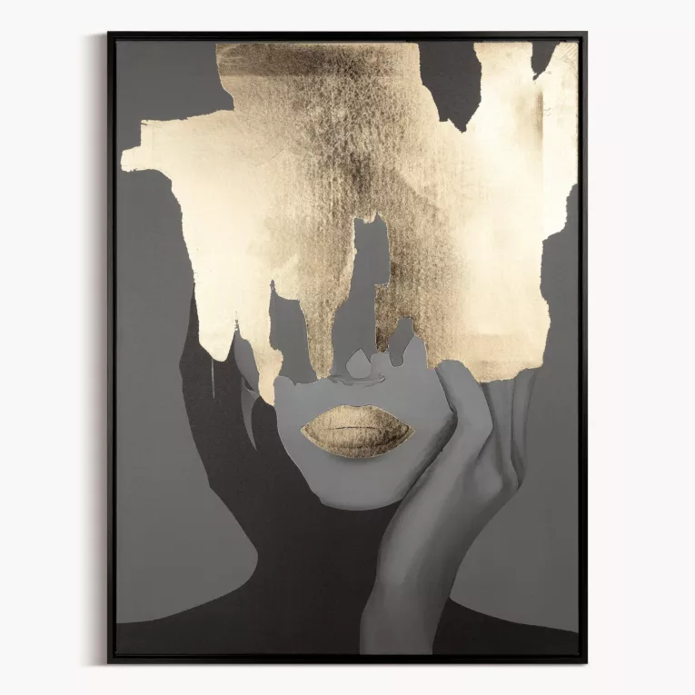 Obraz nadruk na płótnie ze złotymi akcentami oprawiony w czarną ramkę