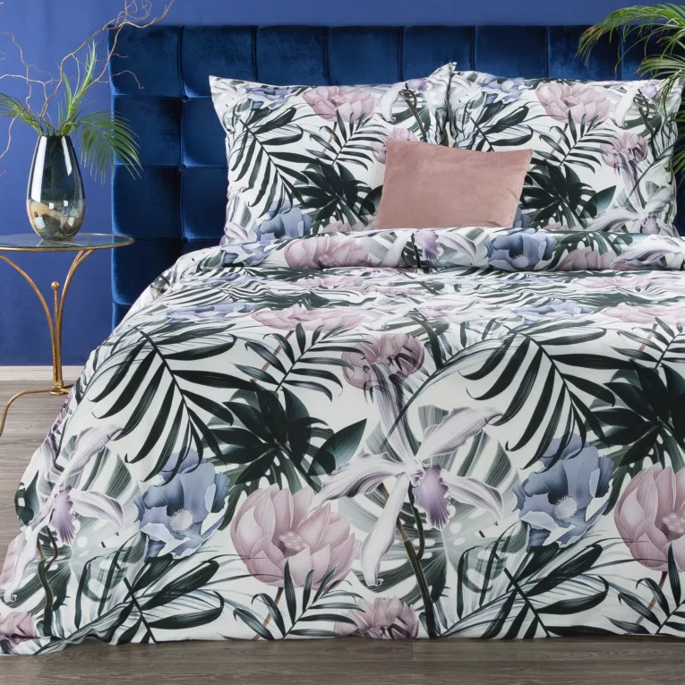 Ekskluzywna pościel 160x200 cm bawełniana kolor biały, czarny z tropikalnym wzorem Reina Line