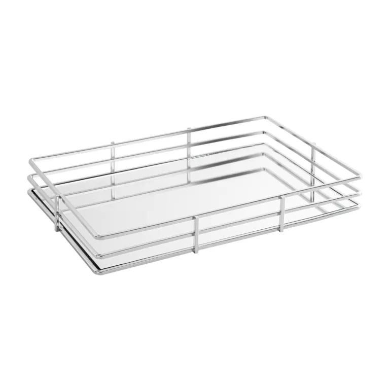 Taca dekoracyjna PATI 1 z lustrzanym blatem i metalowym obrzeżem w stylu art deco, srebrna