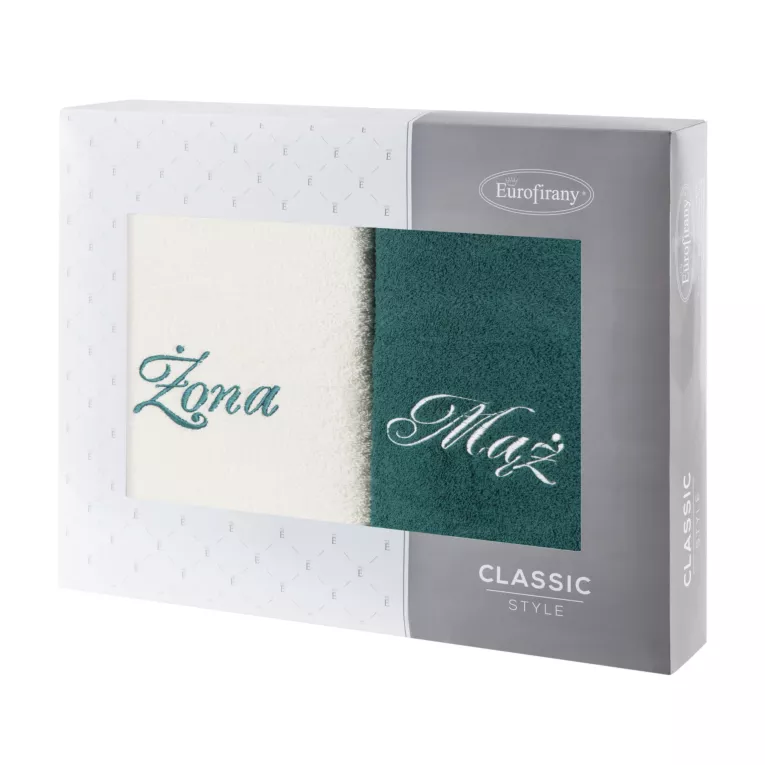 Zestaw ręczników bawełnianych na prezent 2 szt 70x140 cm z haftem Żona i Mąż kolor kremowy,ciemnozielony 400 g/m2