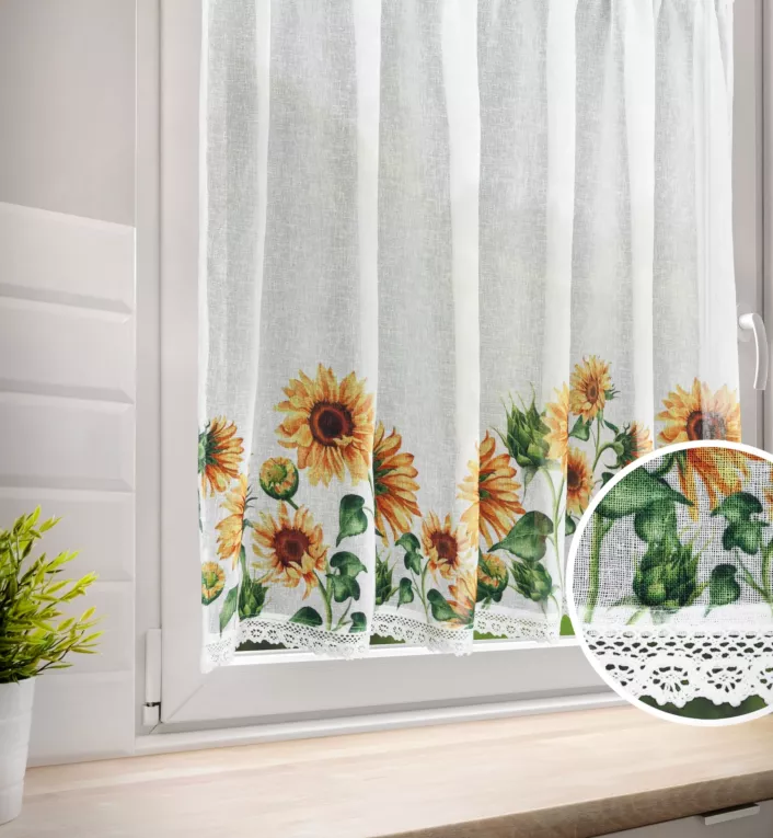 Zazdrostka biało, pomarańczowa z etaminy z zdobiona kwiatowym nadrukiem i koronką 150x90 cm tunel HELIA