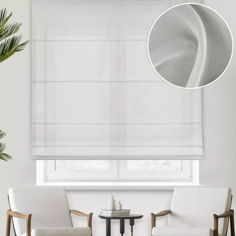 Roleta rzymska kremowa z miękkiej i delikatnej tkaniny typu KREPA, wykończona obciążnikiem