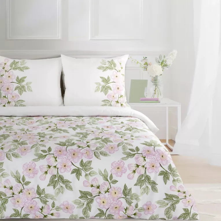 Pościel 220x200 cm bawełniana kolor biały, różowy z wzorem kwiatowym NIKA 44