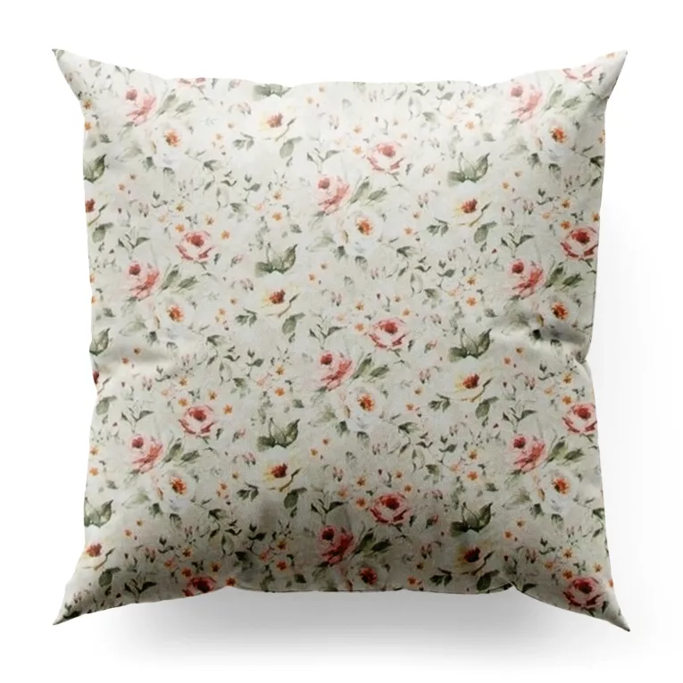 Poszewka szyta beżowo różowa z tkaniny o naturalnym splocie z nadrukowanym kwiatowym wzorem