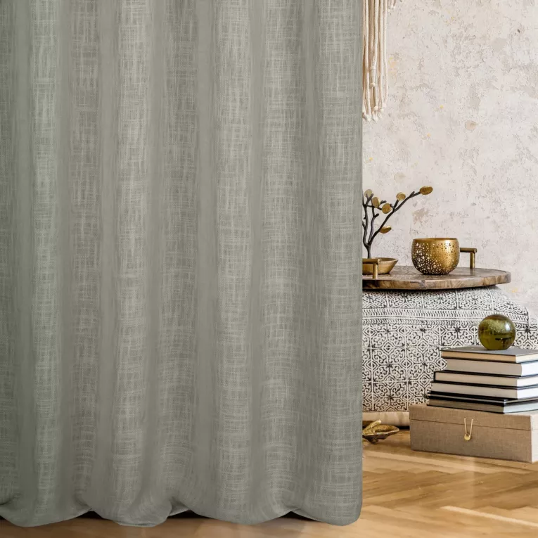 Zasłona szyta na taśmie 5 cm stalowa o naturalnym, luźnym splocie w stylu eko