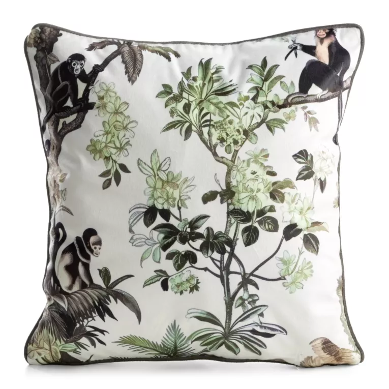 Poszewka na poduszkę 45x45 cm welwetowa biało, zielona z roślinnym nadrukiem VELVET 206