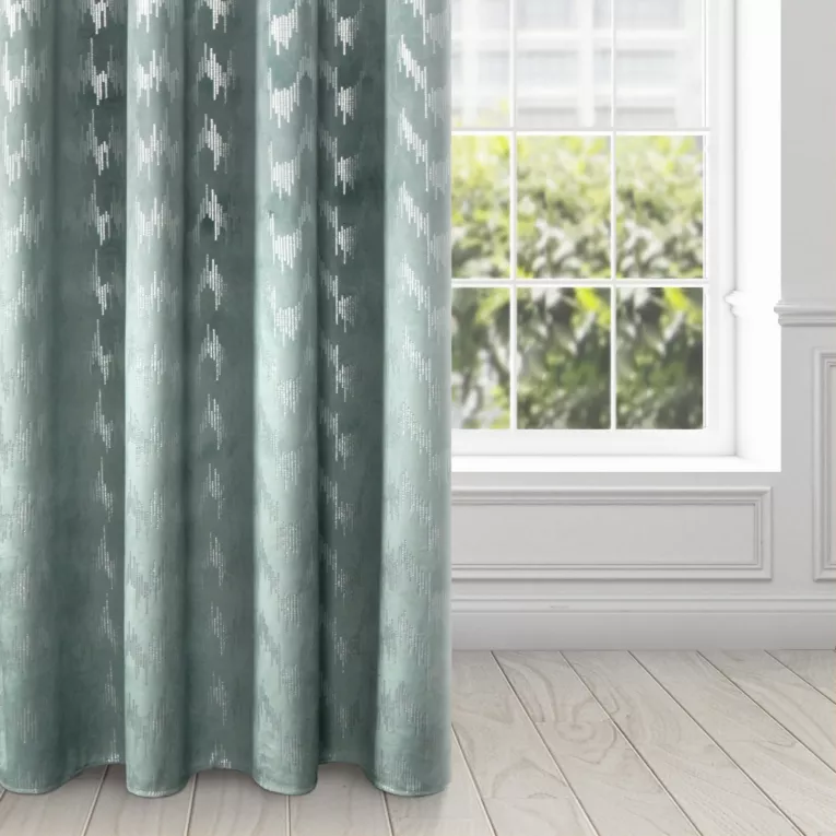 Zasłona welwetowa morska ze srebrnym wzorem 140x250 cm przelotka - BIANKA