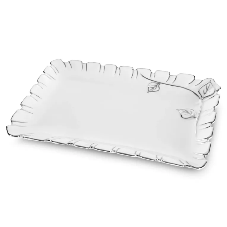 Patera dekoracyjna SENDI prostokątna biała ze srebrnym zdobieniem