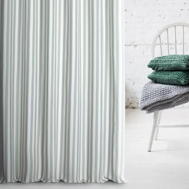 Zasłona szyta na taśmie 5 cm naturalno turkusowa z tkaniny w pasy