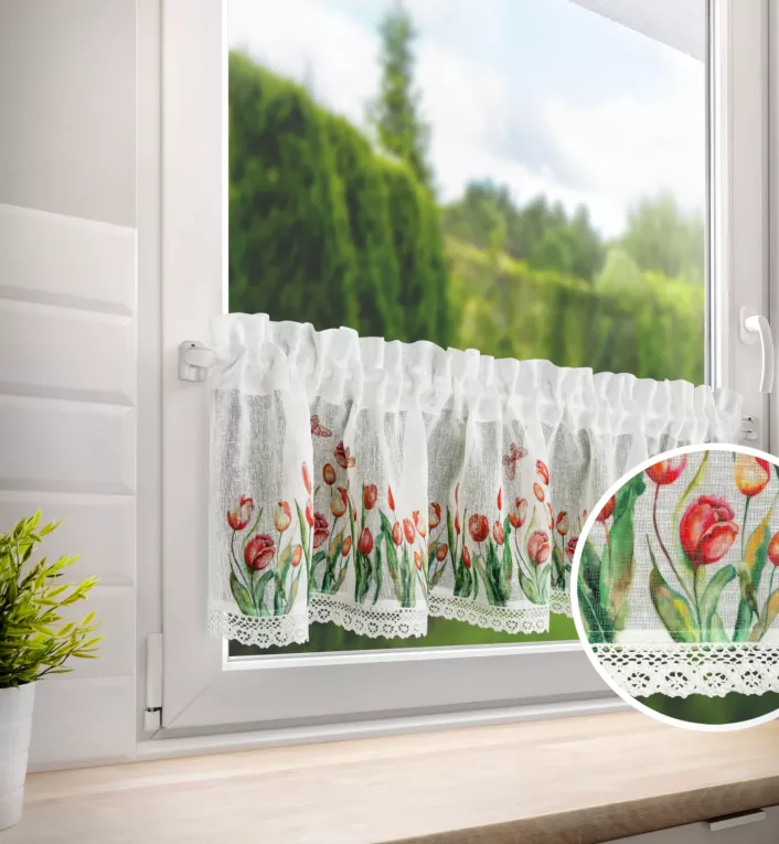 Zazdrostka biało, czerwona z etaminy zdobiona nadrukiem czerwonych tulipanów i koronką 150x30 cm tunel STELLA