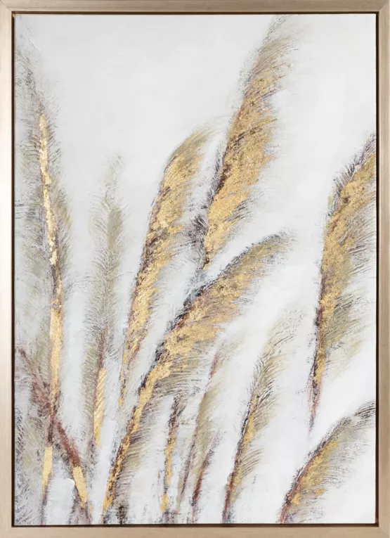 Obraz ręcznie malowany na płótnie z motywem trawy pampasowej ze złotymi akcentami oprawiony w ramę