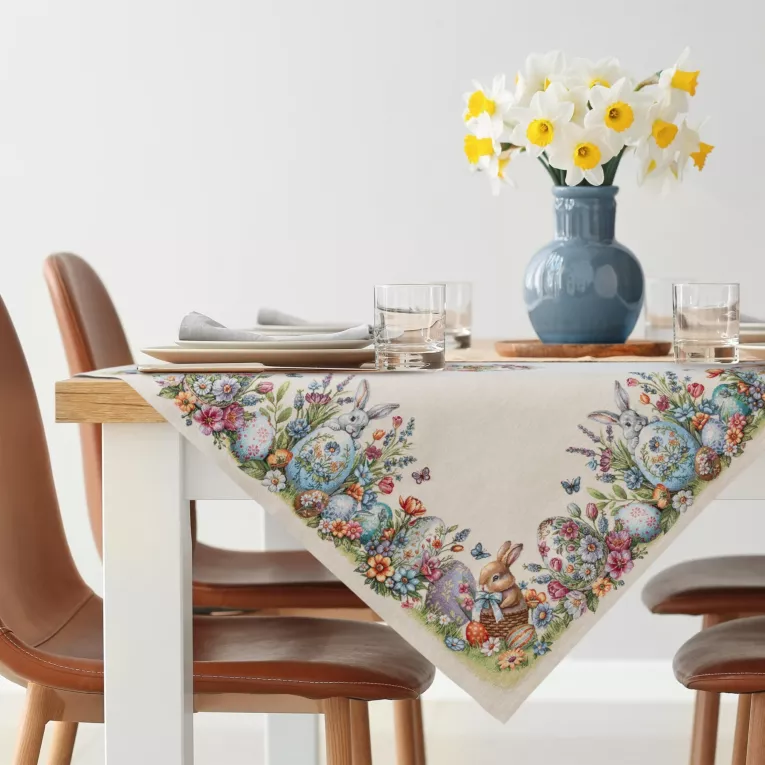 Wielkanocny obrus naturalno, niebieski 100x100 cm gobelinowy zdobiony tkanym motywem zajączka