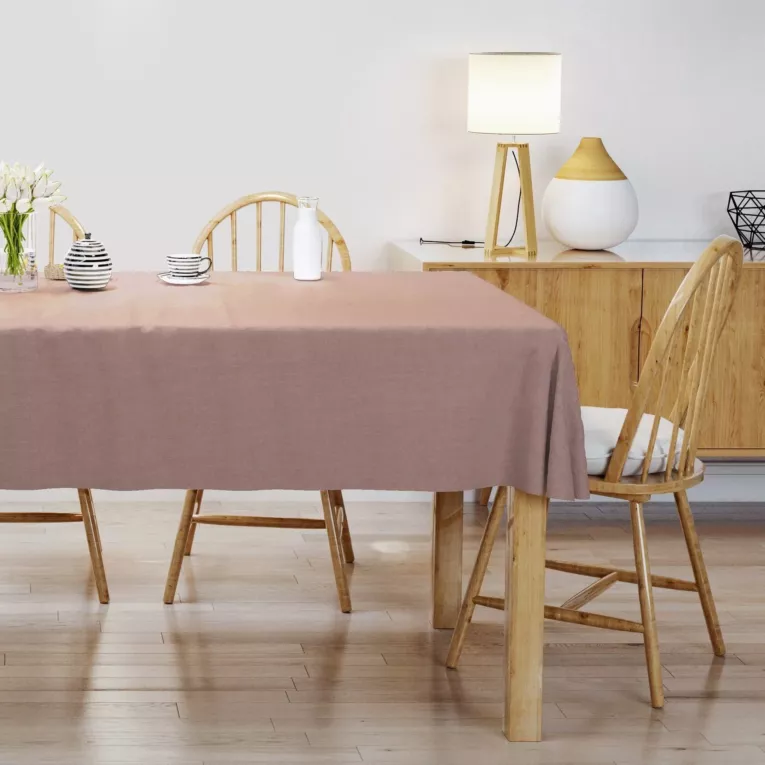Obrus szyty pudrowo różowy o naturalnym, gęstym splocie w stylu eko