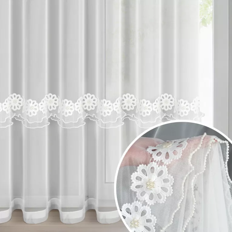 Firana biała z mikrosiateczki zdobiona aplikacją w kwiaty 350x250 cm przelotka - ISOLA