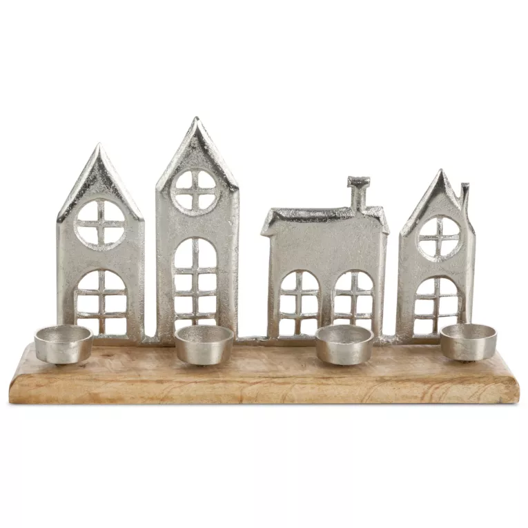 Figurka świąteczna - świecznik drewniany z dodatkiem metalowych domków