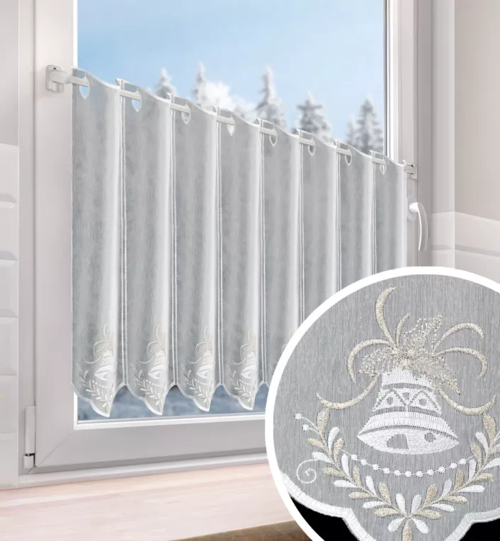 Tkanina firanowa zazdrostka z etaminy zdobiona świątecznym haftem dzwoneczków