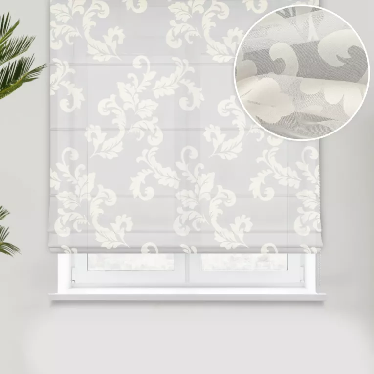 Roleta rzymska kremowa z ekskluzywnej tkaniny organtynowej z wzorem roślinnym, wykończona obciążnikiem