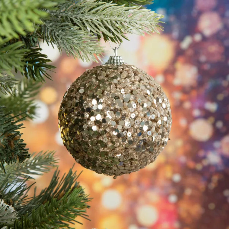 Bombka choinkowa z drobnych kuleczek obsypana lśniącym brokatem i cekinami