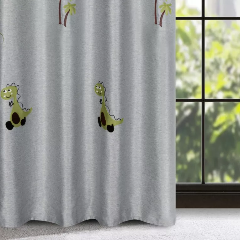 Zasłona srebrno, zielona w dinozaury do pokoju dziecięcego 140x250 cm przelotka - DINO
