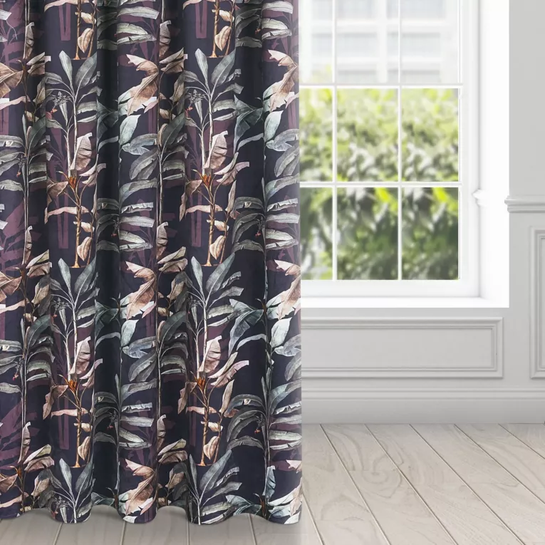 Zasłona welwetowa grafitowa z nadrukiem w stylu botanic 140x250 cm przelotka - NICOL