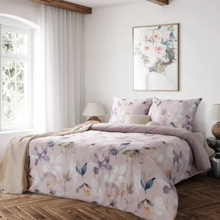 Pościel 220x200 cm komplet 3 częściowy z makosatyny bawełnianej kolor jasnoróżowy, biały z motywem kwiatów Eurofirany Premium