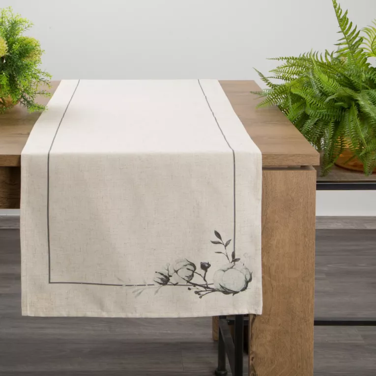 Bieżnik NATU z tkaniny z dodatkiem lnu z nadrukiem z motywem roślinnym
