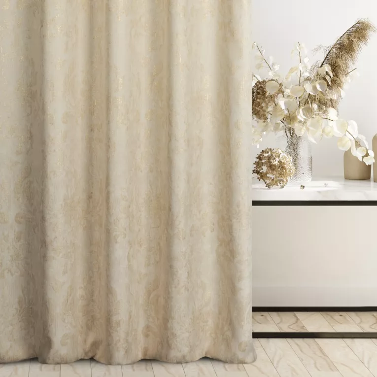 Zasłona szyta na taśmie 5 cm kremowo złota z miękkiej tkaniny w ornamentowy wzór