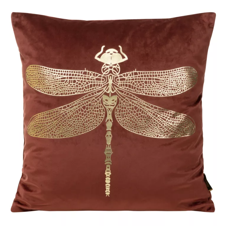 Poszewka na poduszkę 45x45 cm welwetowa kolor ceglasty z nadrukiem złotej ważki BLINK16