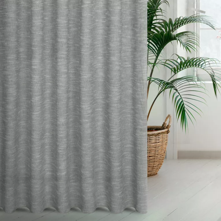 Zasłona szyta na taśmie 5 cm popielata z matowej luźnotkanej tkaniny z efektem melanżu, wykończona obciążnikiem
