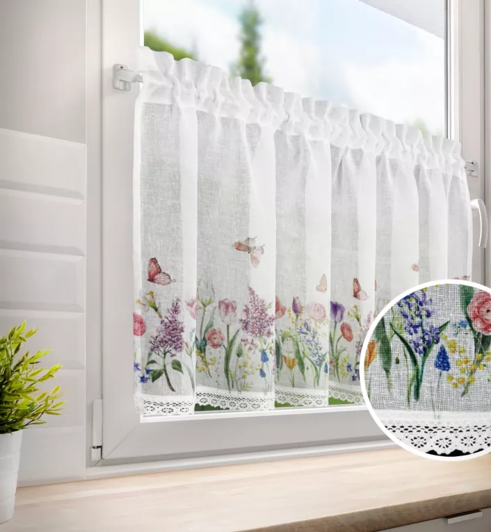 Zazdrostka BELLA z etaminy z zdobiona kwiatowym nadrukiem i koronką