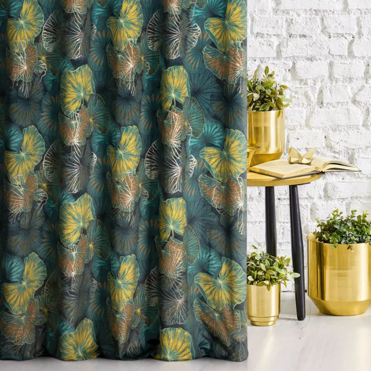 Tkanina zasłonowa miękka, welwetowa, z cyfrowym nadrukiem liści lilii wodnej